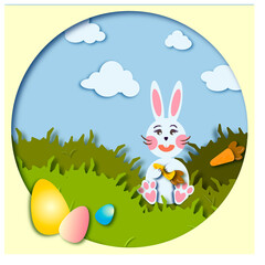 Easter rabbit bunny with eggs and carrot on the nature
