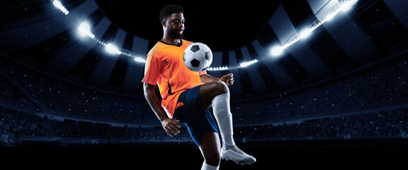 Collage with professional soccer, football player practicing with ball over dark night stadium background with flashlights. Sport, competition, championship