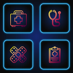 Set line Patient record, Crossed bandage plaster, First aid kit and Stethoscope. Gradient color icons. Vector