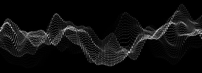 Abstract gradient dynamic wave of glowing particles. Network of neon dots. Big data. Digital background. Vector