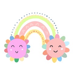 Vector children's illustration with the image of a rainbow and the sun. Cartoon postcard, poster.
