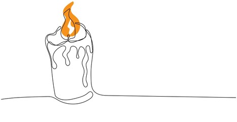 Continuous one line drawing of burning candle. Trendy vector illustration