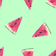 Watercolor seamless pattern with sweet juicy watermelon.