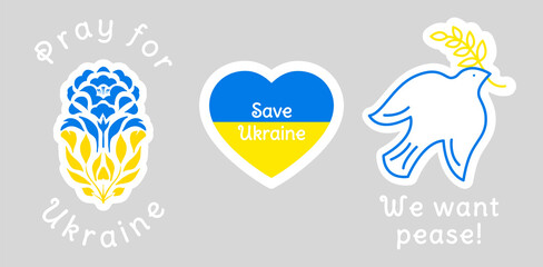 Stickers in support of Ukraine, Ukrainian flag with Pray for Ukraine concept icons set. Vector illustration