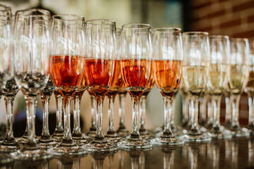 Glasses of champagne for a welcome drink at a party or wedding