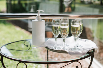 Glasses of champagne for a welcome drink at a party or wedding