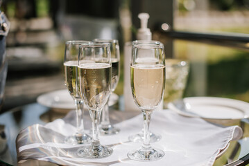 Glasses of champagne for a welcome drink at a party or wedding