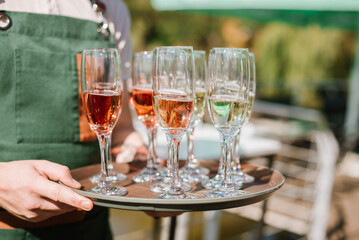Glasses of champagne for a welcome drink at a party or wedding