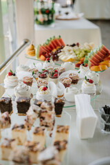 Various desserts and cake on the buffet table at the wedding