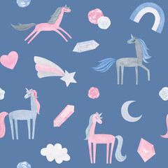 Hand drawing watercolor children's pattern with cute unicorn, flowers , diamonds