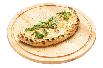 Traditional closed italian pizza calzone on wooden plate  isolated on white background. Concept for advertising flyer and poster for restaurants or pizzerias. File contains clipping path.