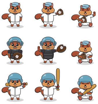 Vector Illustration of Cute Squirrel with Baseball costume. Set of cute Squirrel characters.