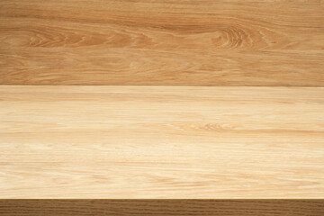 Fototapeta premium Wooden pine surface, empty blank desk or table as mockup or backdrop