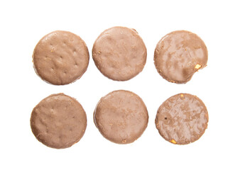 six chocolate coating biscuits over on white background, selective focus