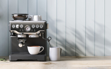 Realistic 3D render, professional like black coffee making machine on beautiful wooden table,...