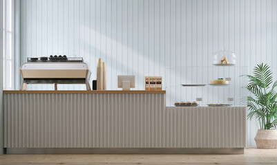 Realistic 3D render cafe interior design in pastel minimal style, Front view of coffee shop counter...