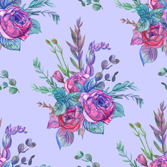 Seamless pattern with pink roses drawn in vintage style