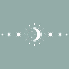 Stars with phases of the moon cosmos mystic magic boho white icon vector design.