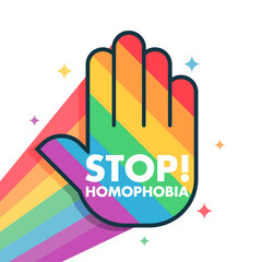 Stop Homophobia 17 may LGBT pride rainbow hand protest symbol poster design vector