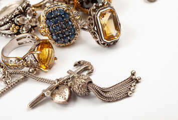 Still life with vintage jewelry with copy space.