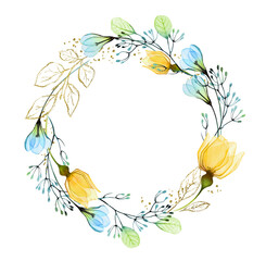 Fototapeta na wymiar Watercolor floral wreath with yellow roses and blue snowdrops. Abstract round frame with Ukrainian flowers and leaves. Hand painted illustration with Ukraine symbolic colours