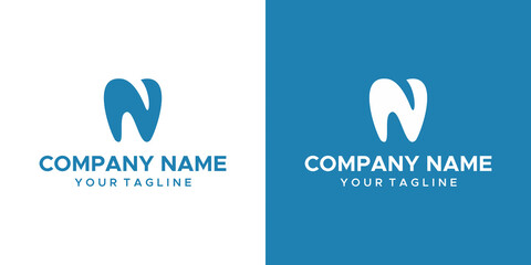 an N dental themed graphic, on a blue and white background. vector graphics base.