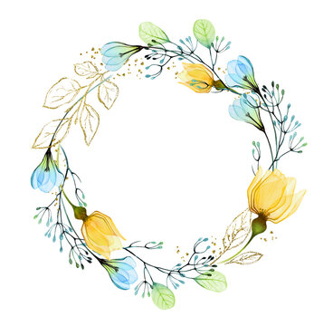 Watercolor floral wreath with yellow roses and blue snowdrops. Abstract round frame with Ukrainian flowers and leaves. Hand painted illustration with Ukraine symbolic colours