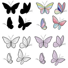 Vector butterfly elements, butterfly silhouettes