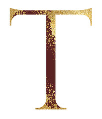 Dark red and Golden glitter capital letter T with dispersion effect, festive design element