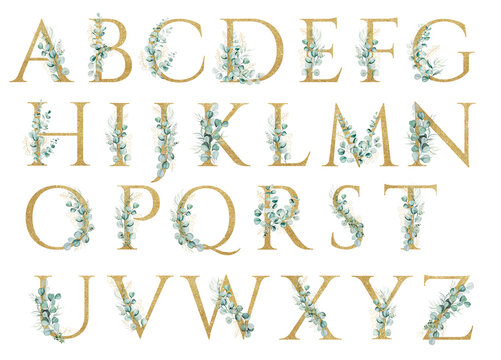 Golden alphabet letters decorated with green Watercolor eucalyptus branches and leaves isolated