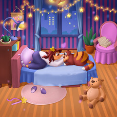 Illustration. Little girl and cat on the bed. Background for postcards, wallpapers, books and more.
