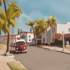 Illustration. Sunny street with houses, palm trees and cars. Background for postcards, wallpapers, books and more.