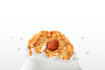 The movement of Almond cookies mixed whole grains falling into the milk splashed, Isolated on white background with copy space, The snack is dipped in dairy creamy for a delicious flavor.