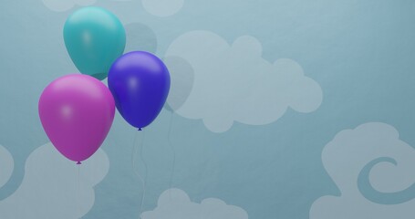 Three balloons on pastel colours over a blue background decorated with clouds. 3D render illustration with copy space