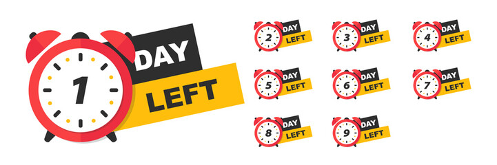 Countdown day banner with timer. Countdown left days to go. Collection labels with number of count down time. Vector illustration.