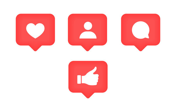 Like, thumb up, comment and heart social network icons. Social media speech bubbles. Vector illustration.