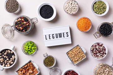 Variety of legumes, lentils, beans, plant based vegan protein source