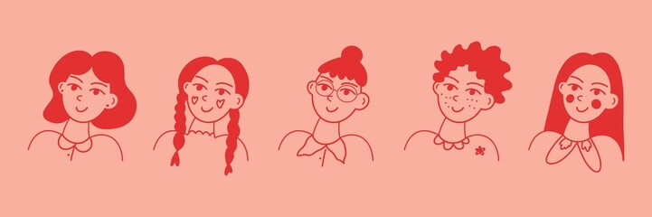 Women's custom icons on a pink background. Flat design, cartoon drawing, vector illustration.