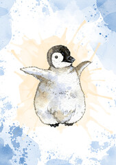 Happy young baby penguin with watercolor blue splashes. Watercolor illustration of an antarctic bird on a white background with color blots