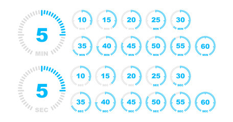 Stopwatch vector icons. Collection of countdown timer digital from 0 to 60 minutes and seconds. Vector illustration.