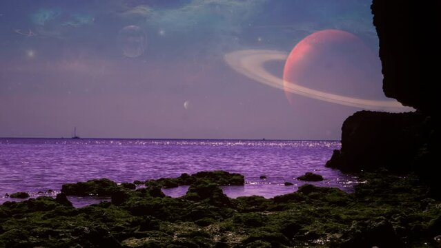 Surreal Space Ocean Landscape Planet In Sky. Planets orbiting in space over an extraterrestrial ocean landscape. Zoom in