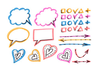 Set doodle frames, arrows and hearts on white background. Felt pen Illustration. Pink, yellow and blue arrow and frame elements. Romantic hearts