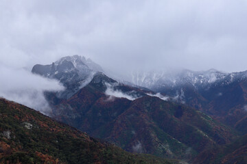 mountains in the fog