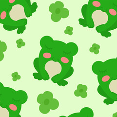 Concept of cute pattern with green frogs and flowers. Repeating frogs and flowers isolated on color background. Vector illustration. Image on green background. Design element for wrapping paper