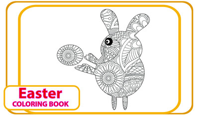 Easter Bunny holding Easter egg. Black and white vector illustration for coloring book