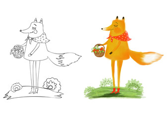 Coloring page with a fox in red boots and a basket with strawberries. Coloring page with a colored example
