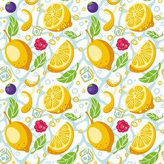 Lemonade from lemons, blueberry and rasberry. Slices of lemons. ice cubes. Fresh cool drink with fruits. Seamless pattern. Vector.