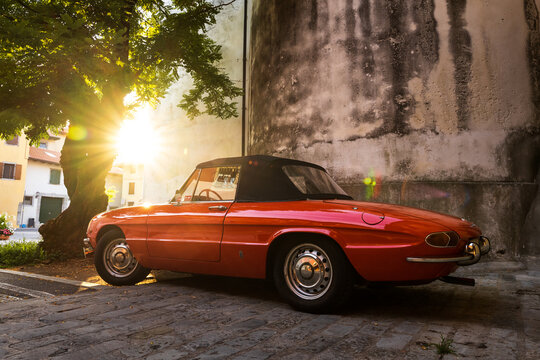 Cividale, Italy - August 15, 2021. Italian classic car, Alfa Romeo Giulia cc.1300 SPIDER JUNIOR (Duetto) car parked in the street of Cividale. 1968 model.