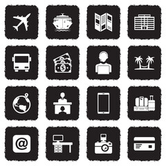 Travel Agency Icons. Grunge Black Flat Design. Vector Illustration.
