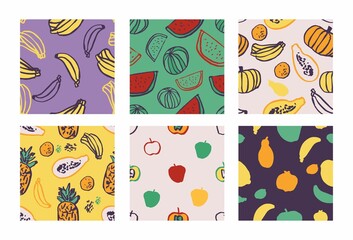 set of decorative seamless patterns with exotic fruits, healthy food. Сollection of modern graphic backgrounds in line style for printing on fabric, wrapping paper, wallpaper. Vector illustration